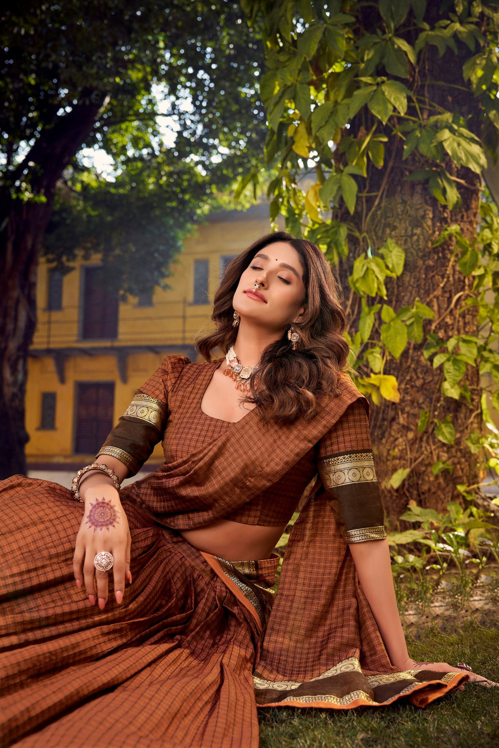 Brown Chettinad Cotton Chex Lehenga Choli with Zari Weaving Work