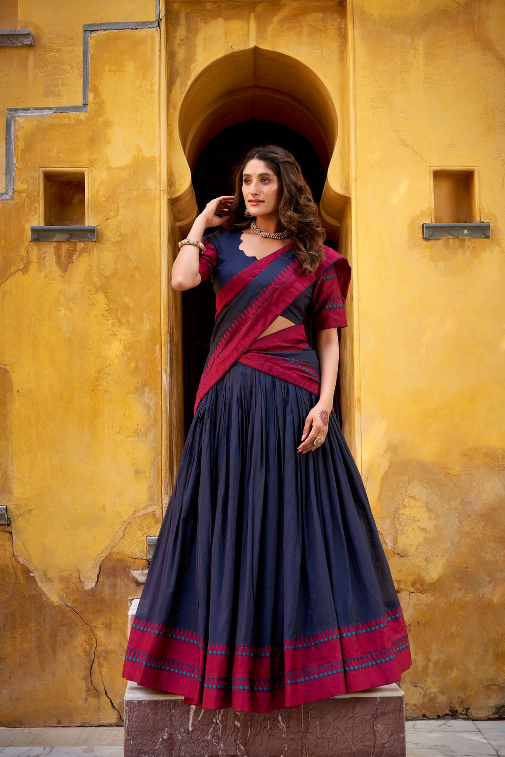 Lorenvalley Fashion Navy Blue Pure Chanderi Thread Work Lehenga Choli with Dupatta