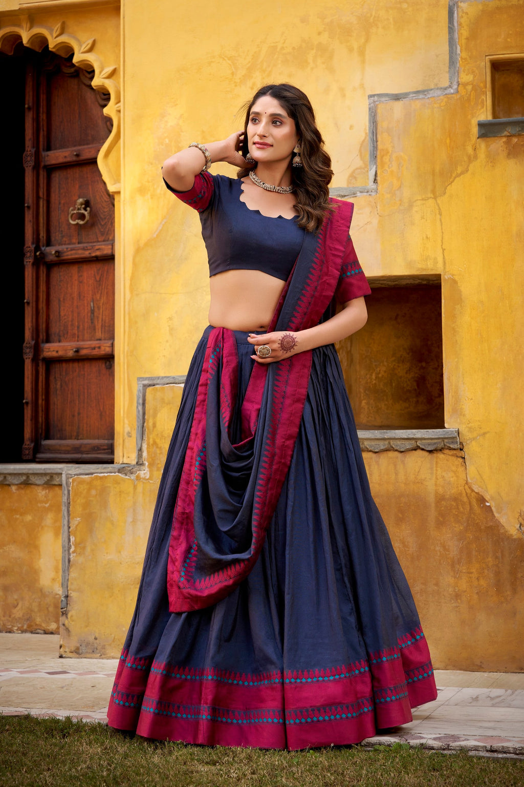 Lorenvalley Fashion Navy Blue Pure Chanderi Thread Work Lehenga Choli with Dupatta