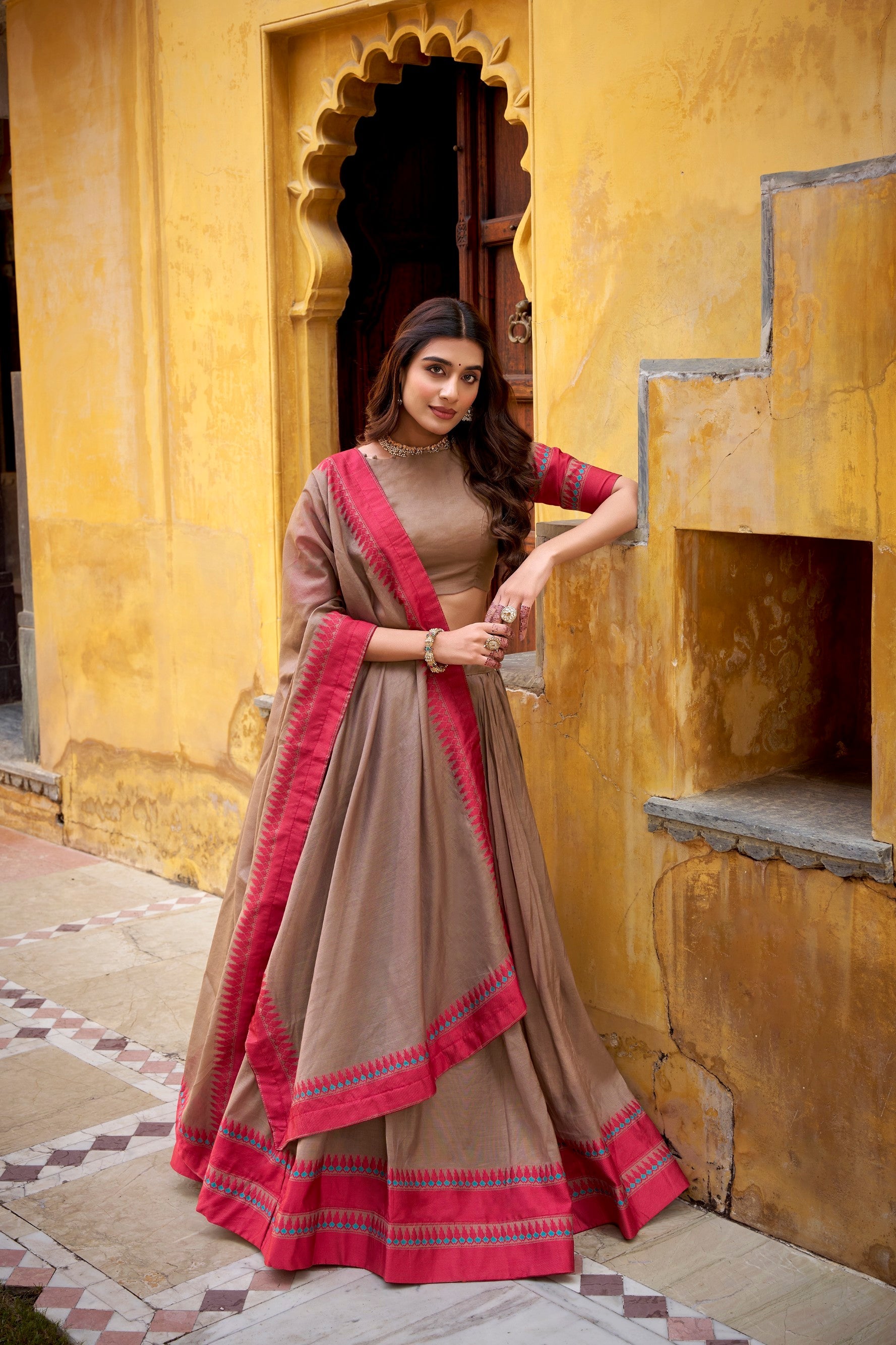Chiku Pure Chanderi lehenga choli with delicate thread work and matching dupatta