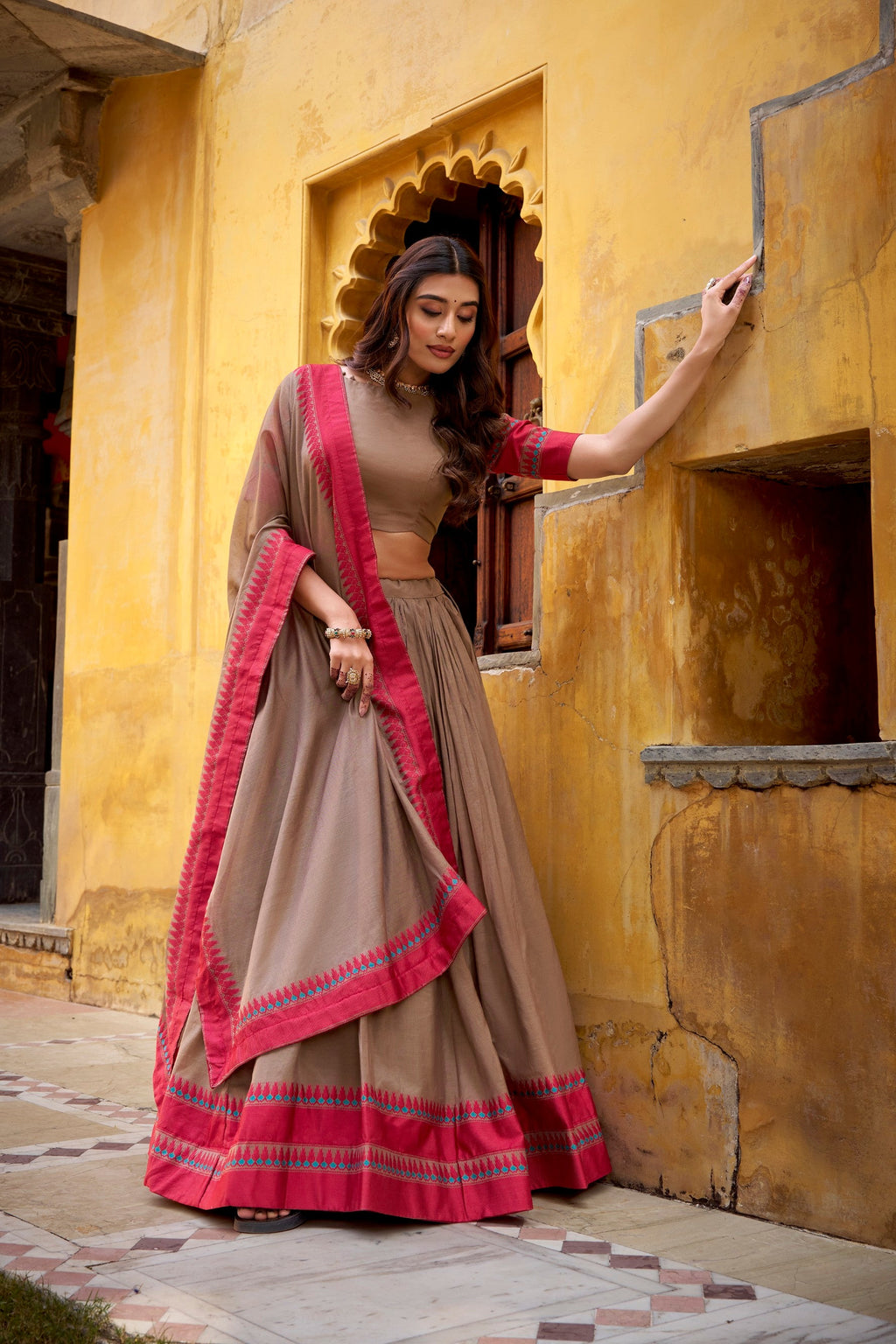 Chiku Pure Chanderi Thread Work Lehenga Choli with Dupatta Set