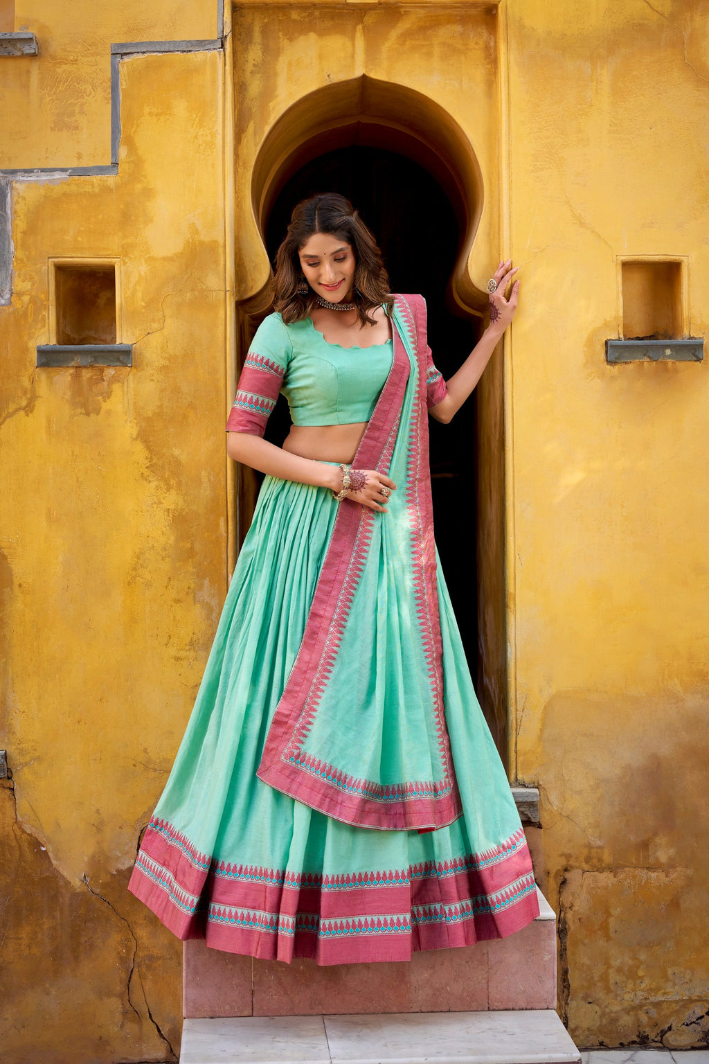 Lorenvalley Fashion Skyblue Pure Chanderi Thread Work Lehenga Choli with Dupatta