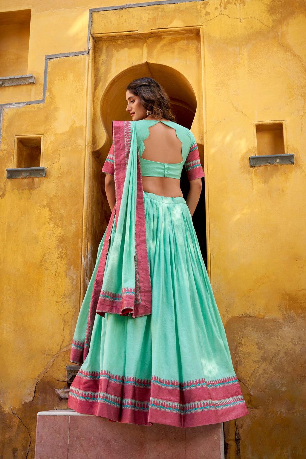 Lorenvalley Fashion Skyblue Pure Chanderi Thread Work Lehenga Choli with Dupatta