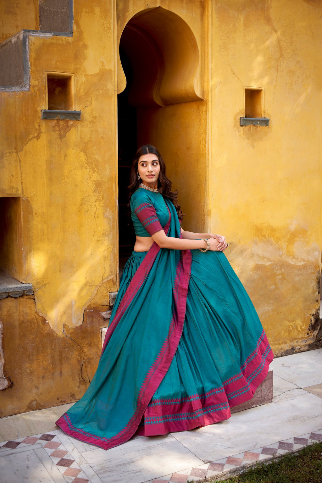 Lorenvalley Fashion Teal Pure Chanderi Thread Work Lehenga Choli with Dupatta