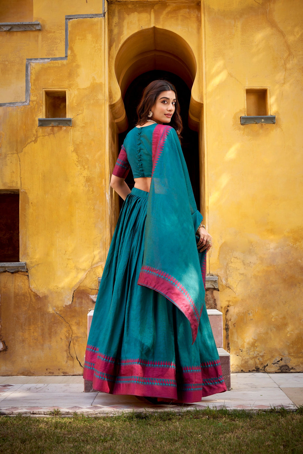 Lorenvalley Fashion Teal Pure Chanderi Thread Work Lehenga Choli with Dupatta
