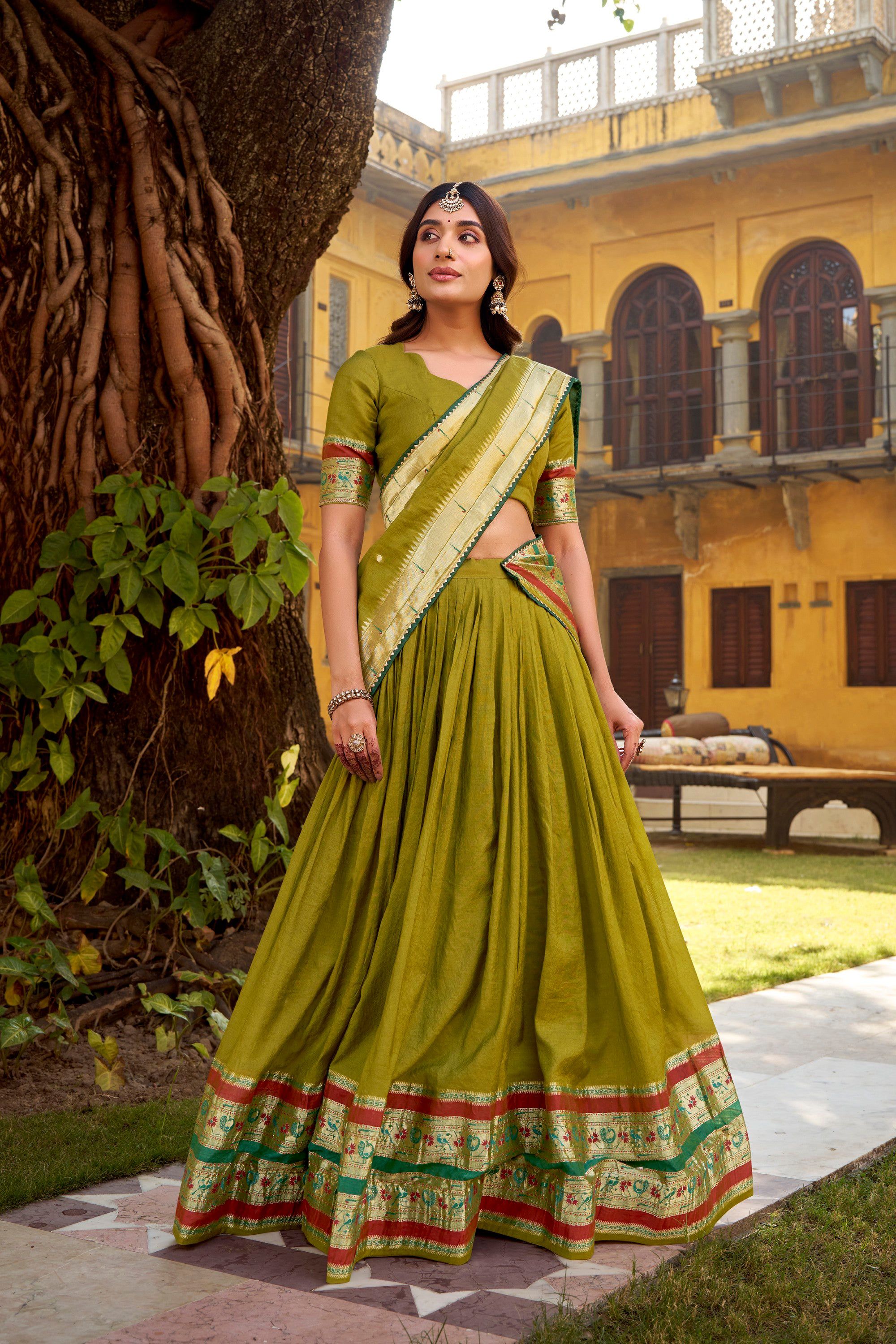 Mehendi Pure Chanderi Zari Weaving Work Lehenga Choli
