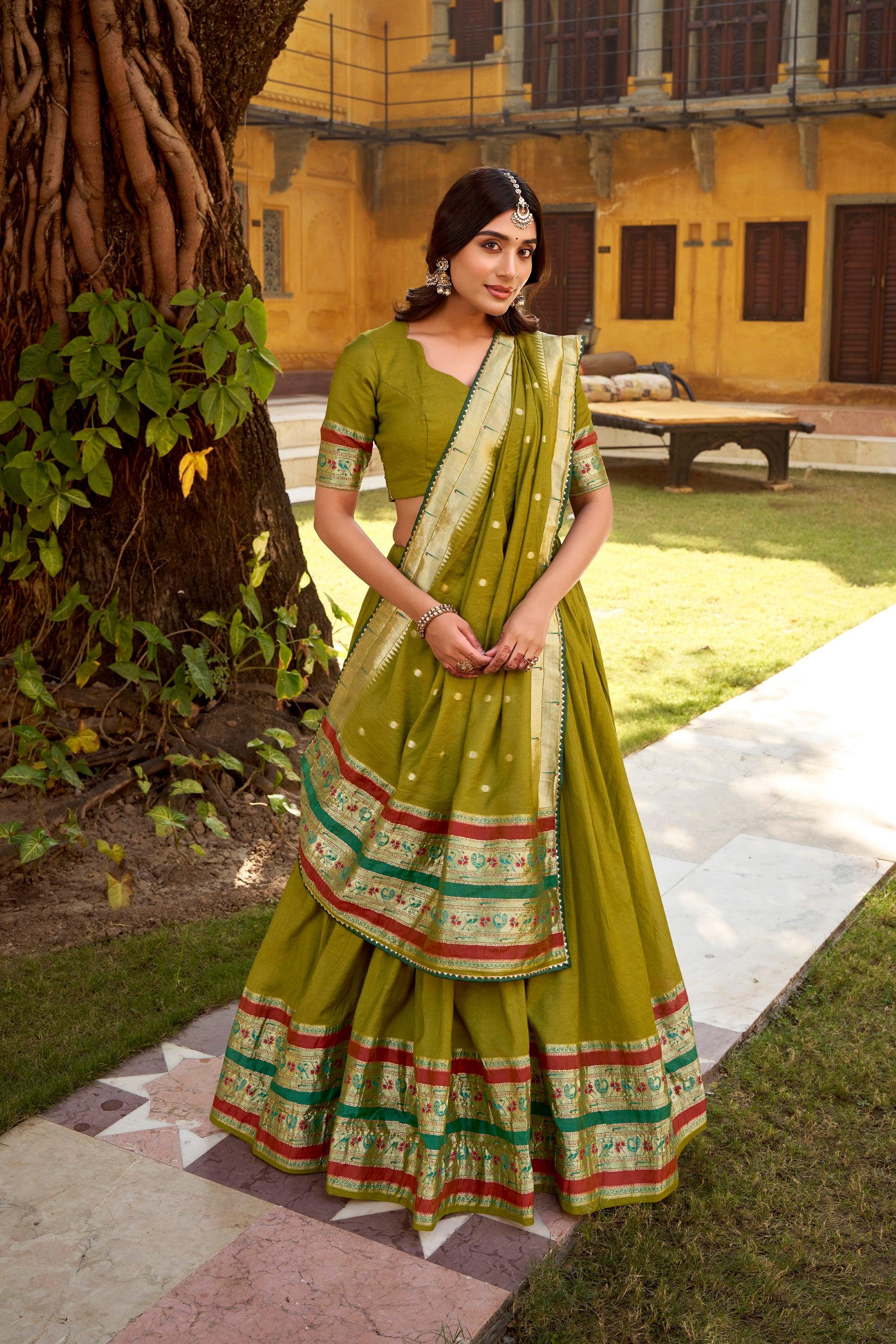 Mehendi Pure Chanderi Zari Weaving Work Lehenga Choli