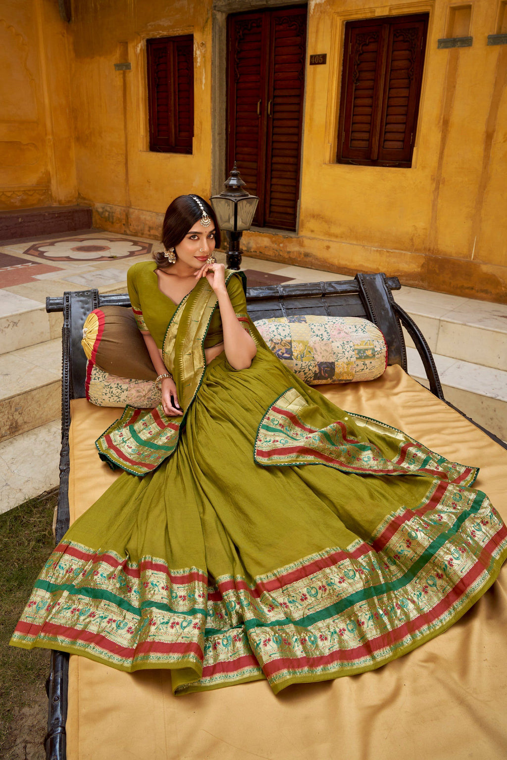 Mehendi Pure Chanderi Zari Weaving Work Lehenga Choli