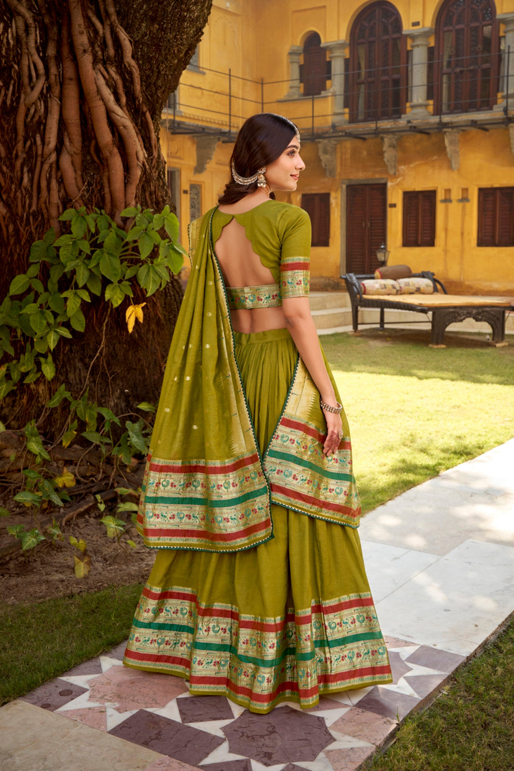 Mehendi Pure Chanderi Zari Weaving Work Lehenga Choli