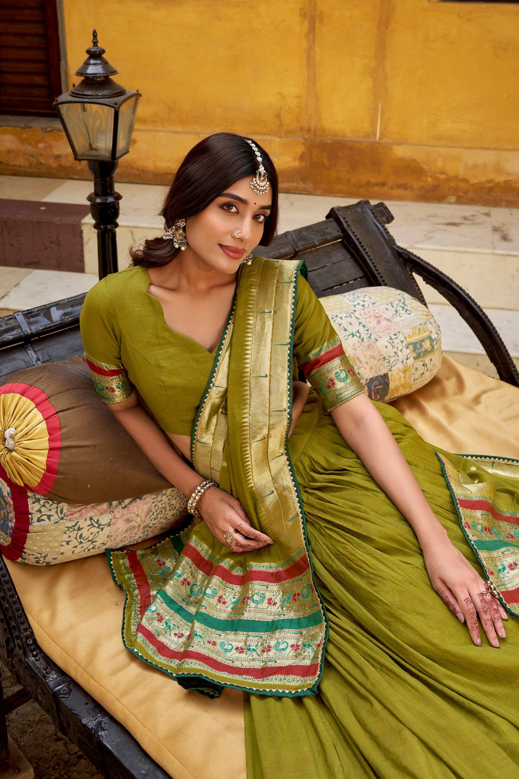 Mehendi Pure Chanderi Zari Weaving Work Lehenga Choli