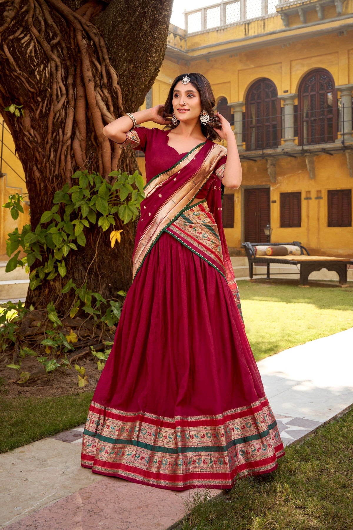 Maroon Pure Chanderi Zari Weaving Lehenga Choli with Dupatta Set