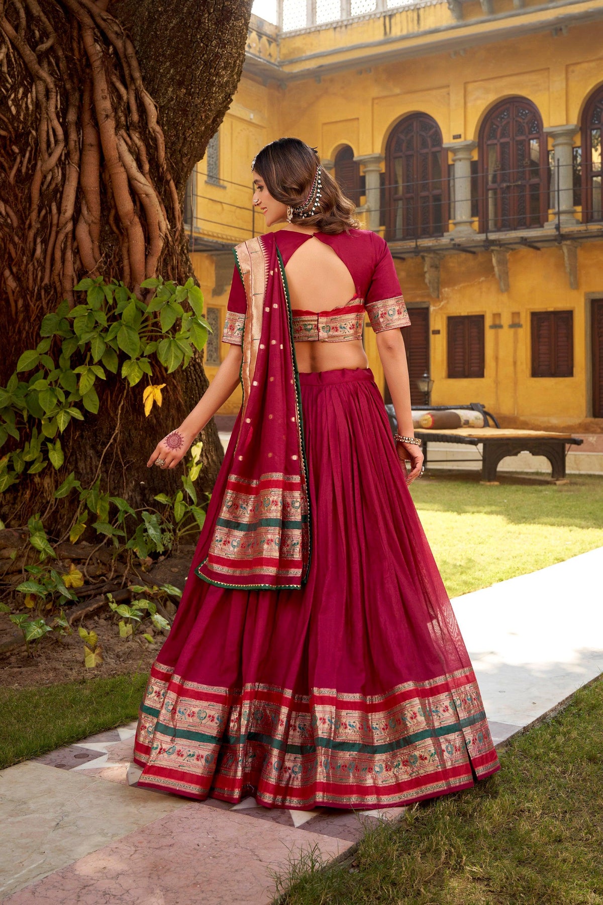 Maroon Pure Chanderi Zari Weaving Lehenga Choli with Dupatta Set