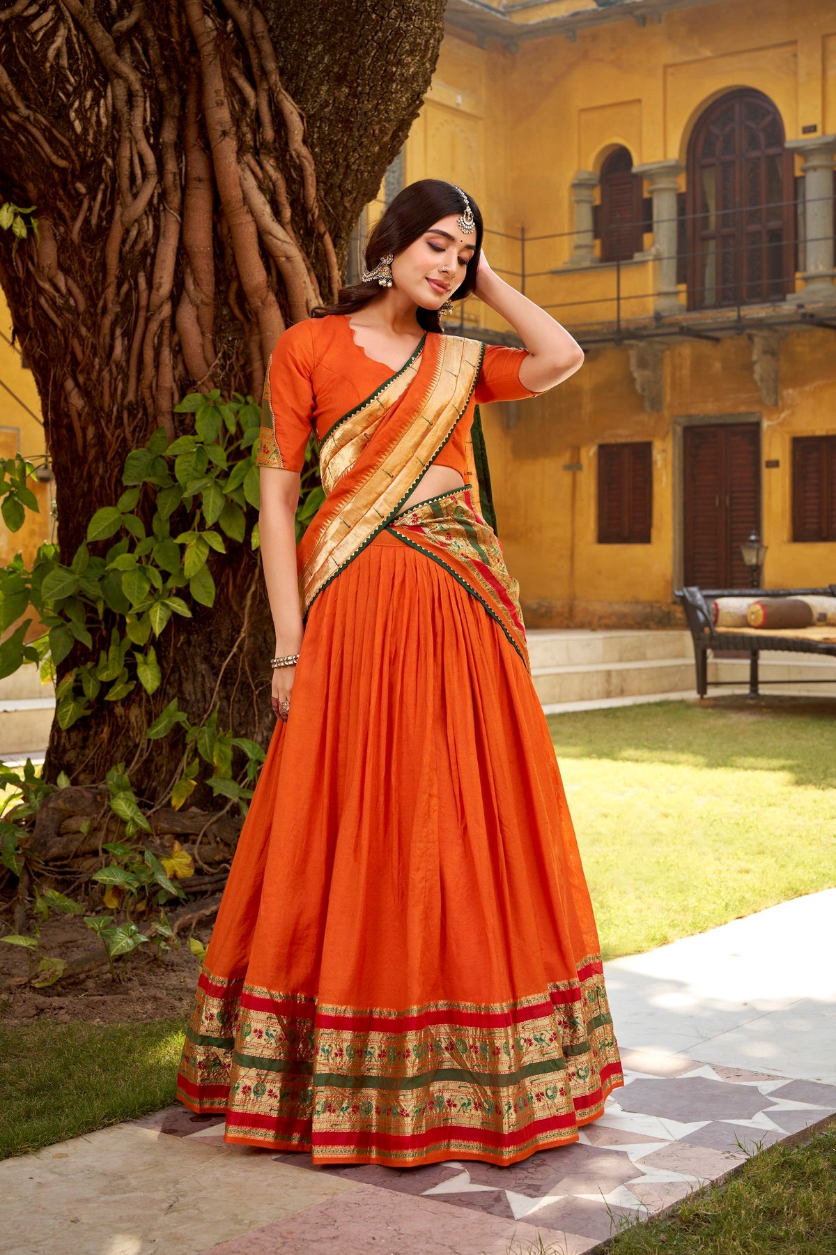 Orange Pure Chanderi Zari Weaving Work Lehenga Choli with Dupatta