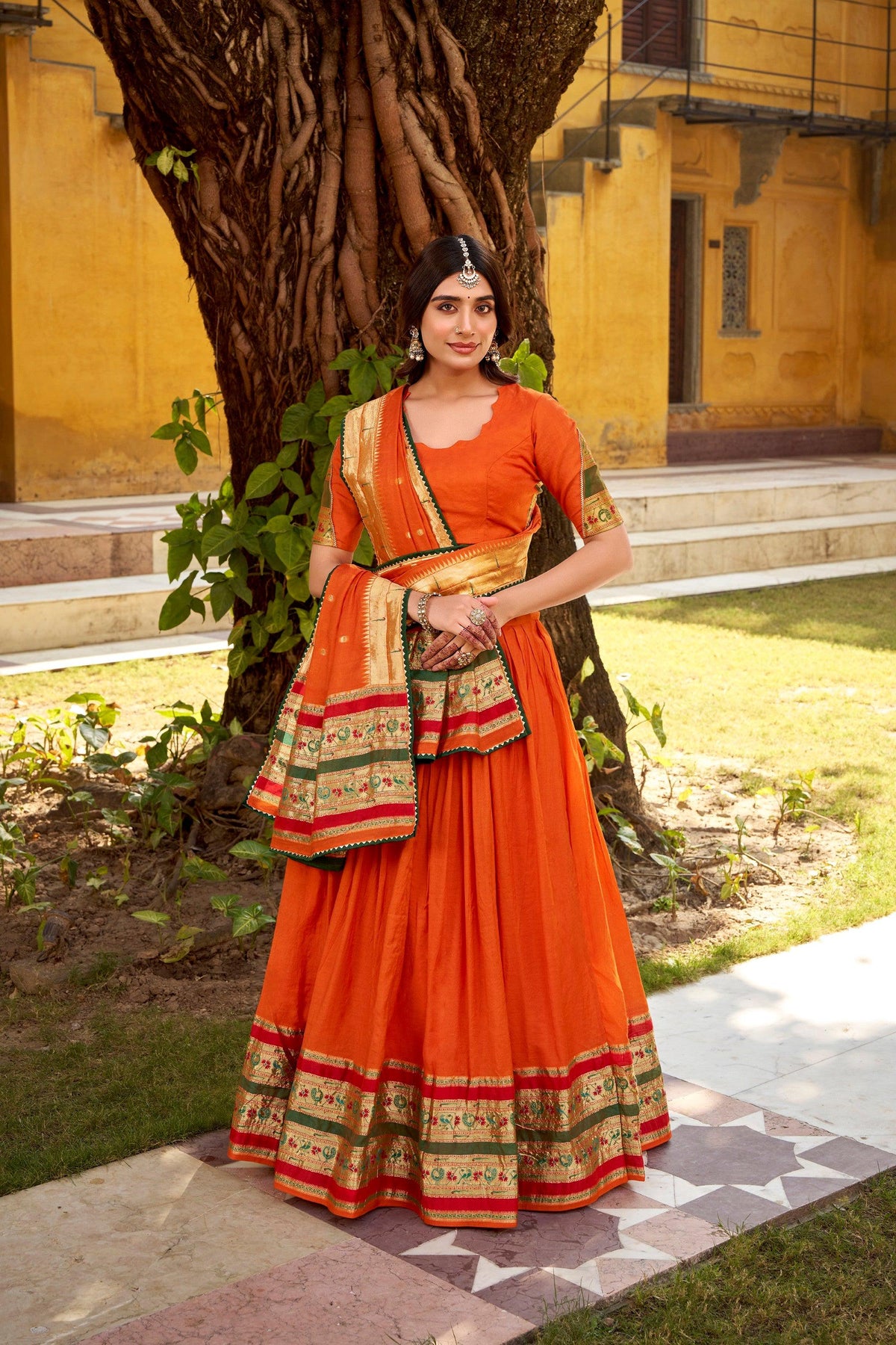 Orange Pure Chanderi Zari Weaving Work Lehenga Choli with Dupatta