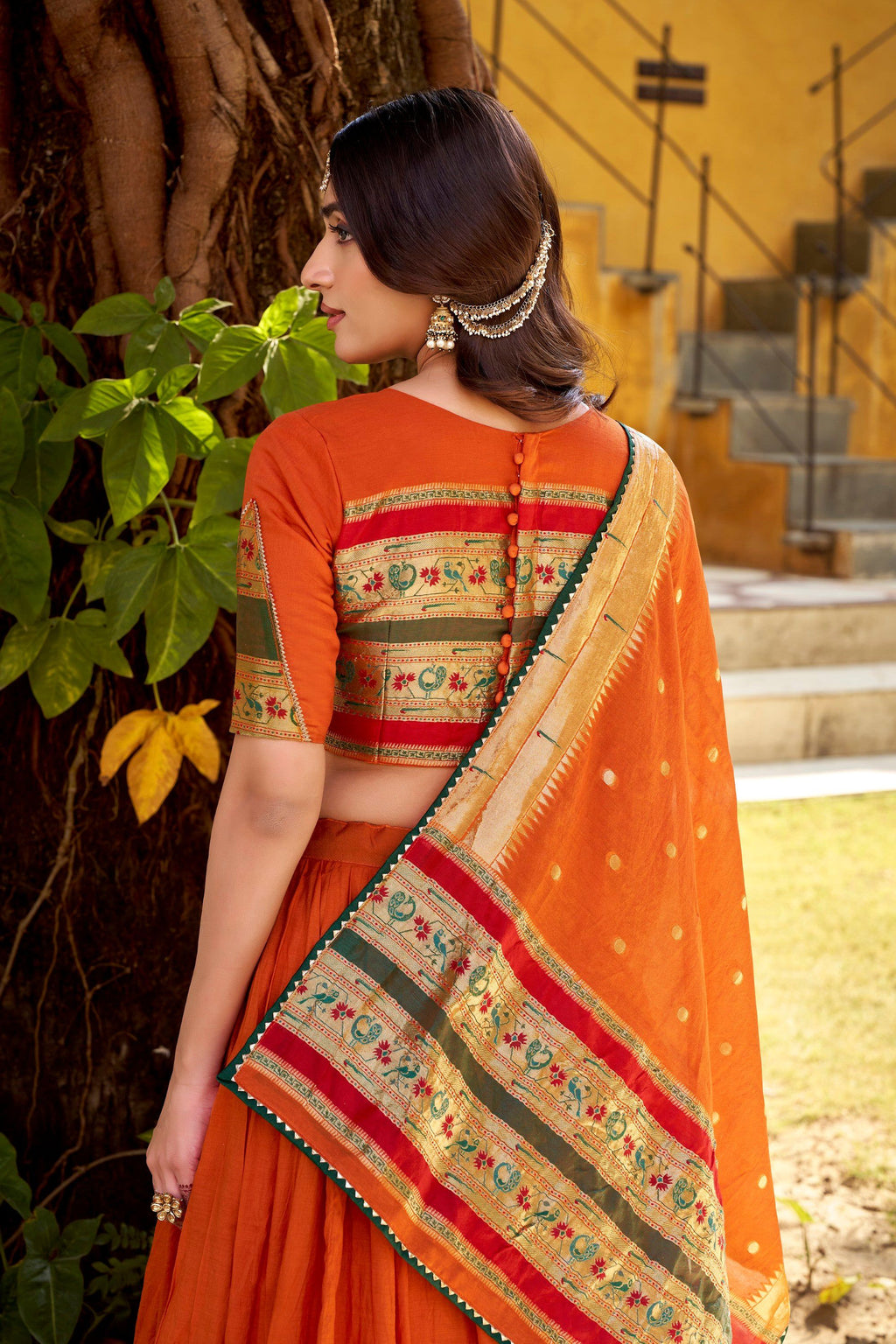 Orange Pure Chanderi Zari Weaving Work Lehenga Choli with Dupatta