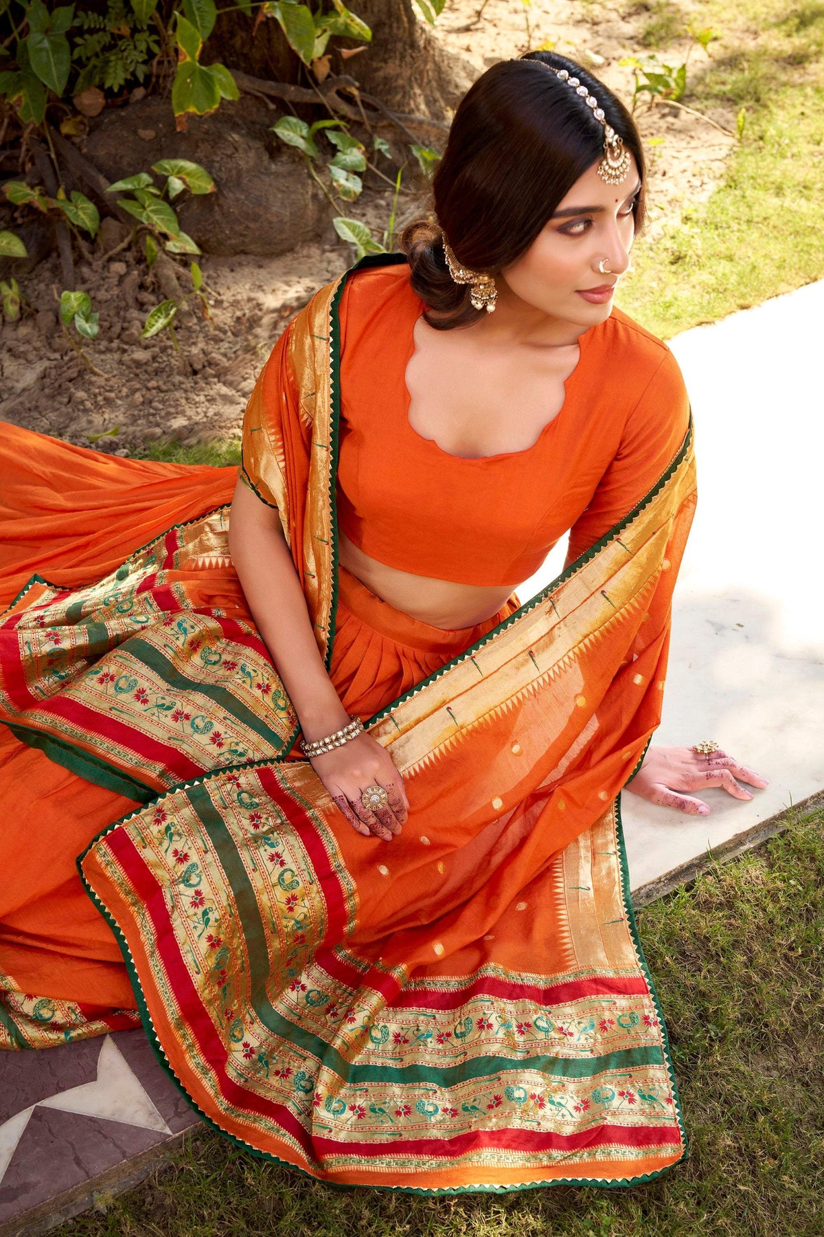 Orange Pure Chanderi Zari Weaving Work Lehenga Choli with Dupatta