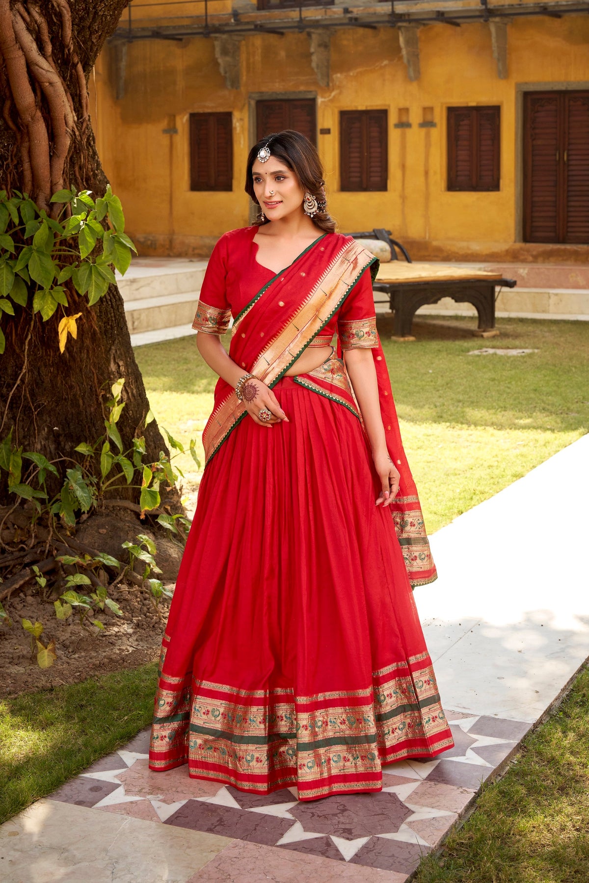 Red Pure Chanderi lehenga choli with detailed Zari weaving and matching dupatta
