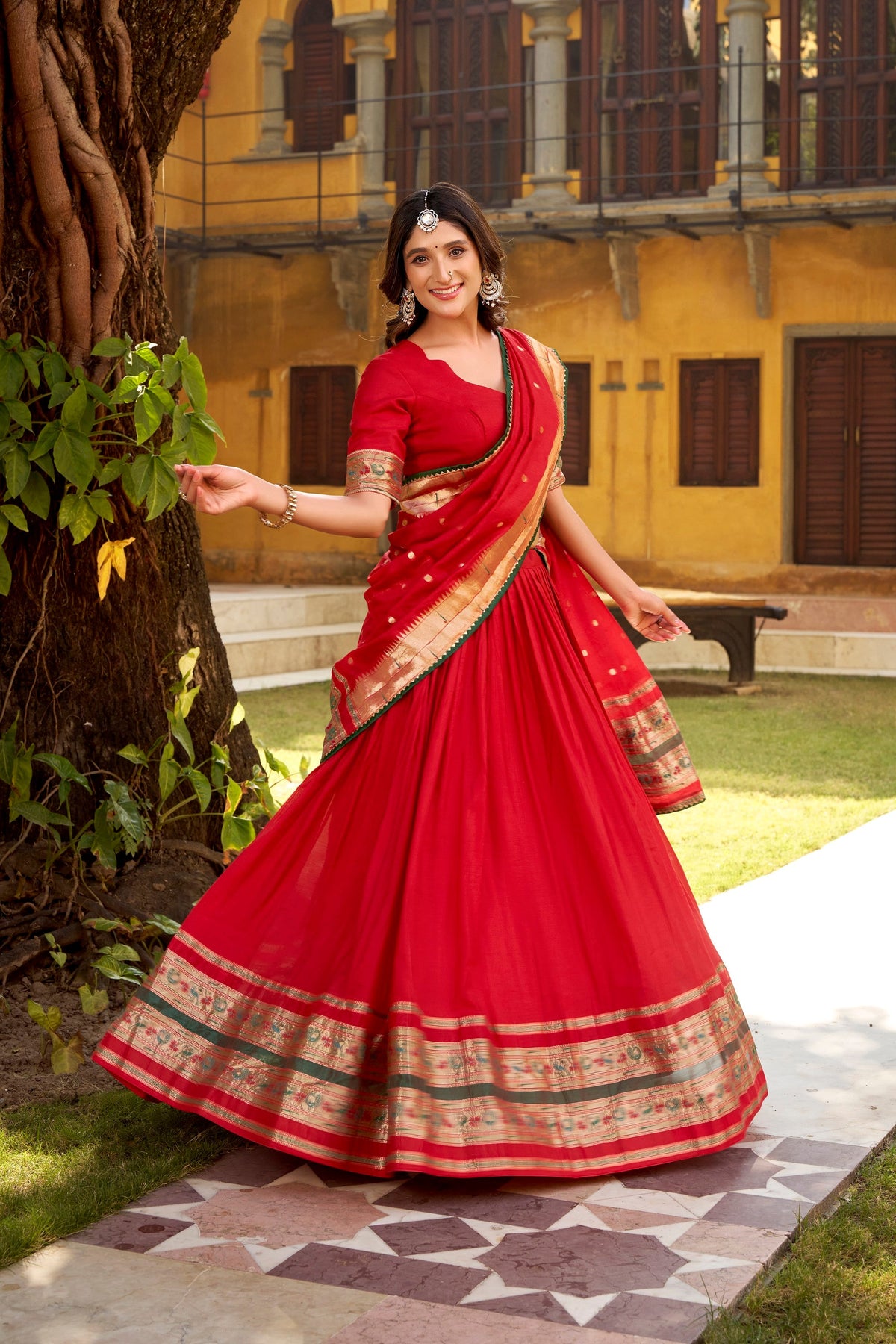 Red Pure Chanderi Zari Weaving Work Lehenga Choli with Dupatta