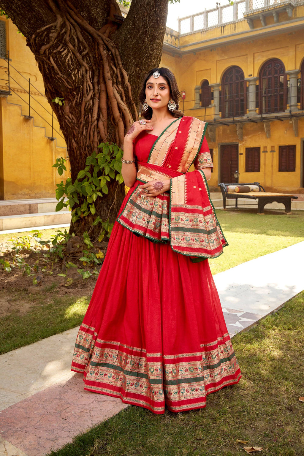 Red Pure Chanderi Zari Weaving Work Lehenga Choli with Dupatta