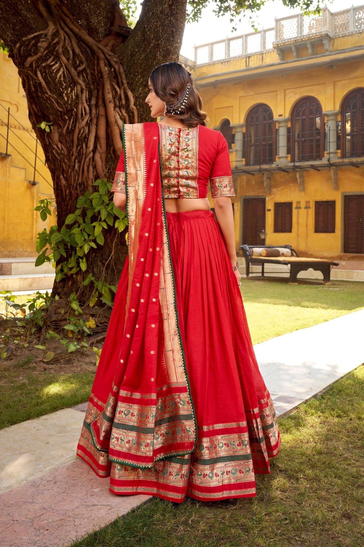 Red Pure Chanderi Zari Weaving Work Lehenga Choli with Dupatta