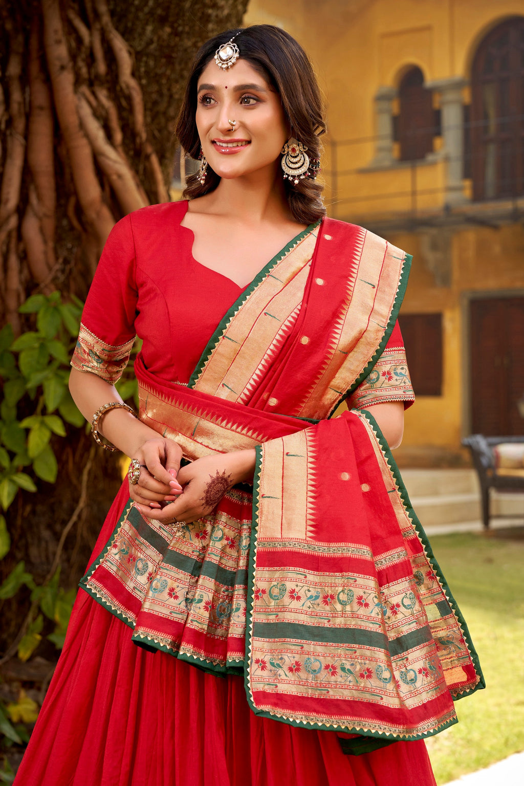 Red Pure Chanderi Zari Weaving Work Lehenga Choli with Dupatta