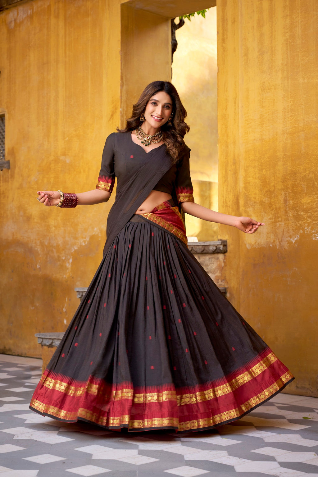 Lorenvalley Fashion Black Pure Chanderi Zari Weaving Work Lehenga Choli with Dupatta