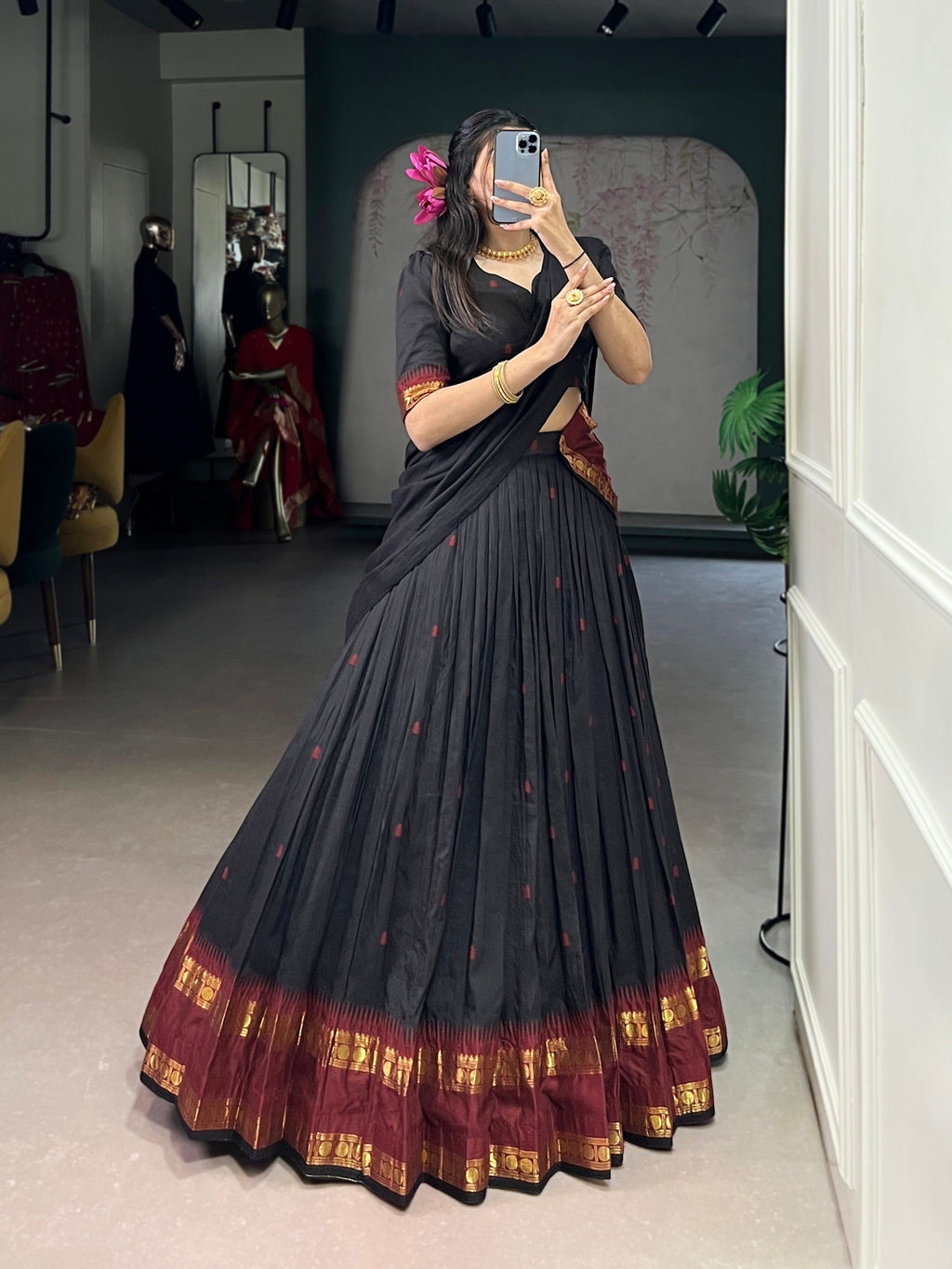 Lorenvalley Fashion Black Pure Chanderi Zari Weaving Work Lehenga Choli with Dupatta