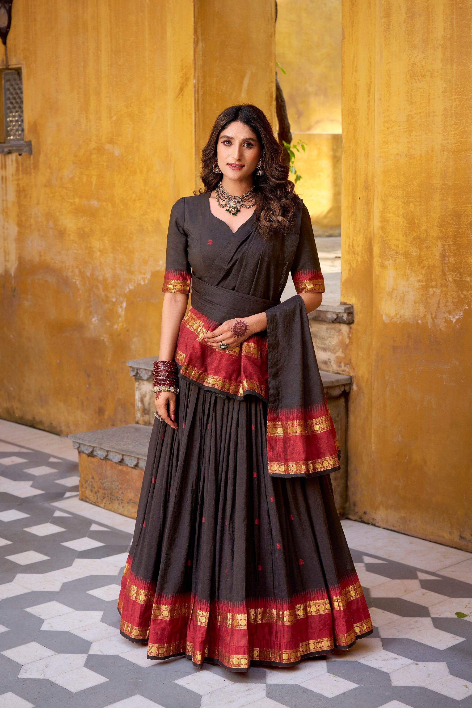 Lorenvalley Fashion Black Pure Chanderi Zari Weaving Work Lehenga Choli with Dupatta