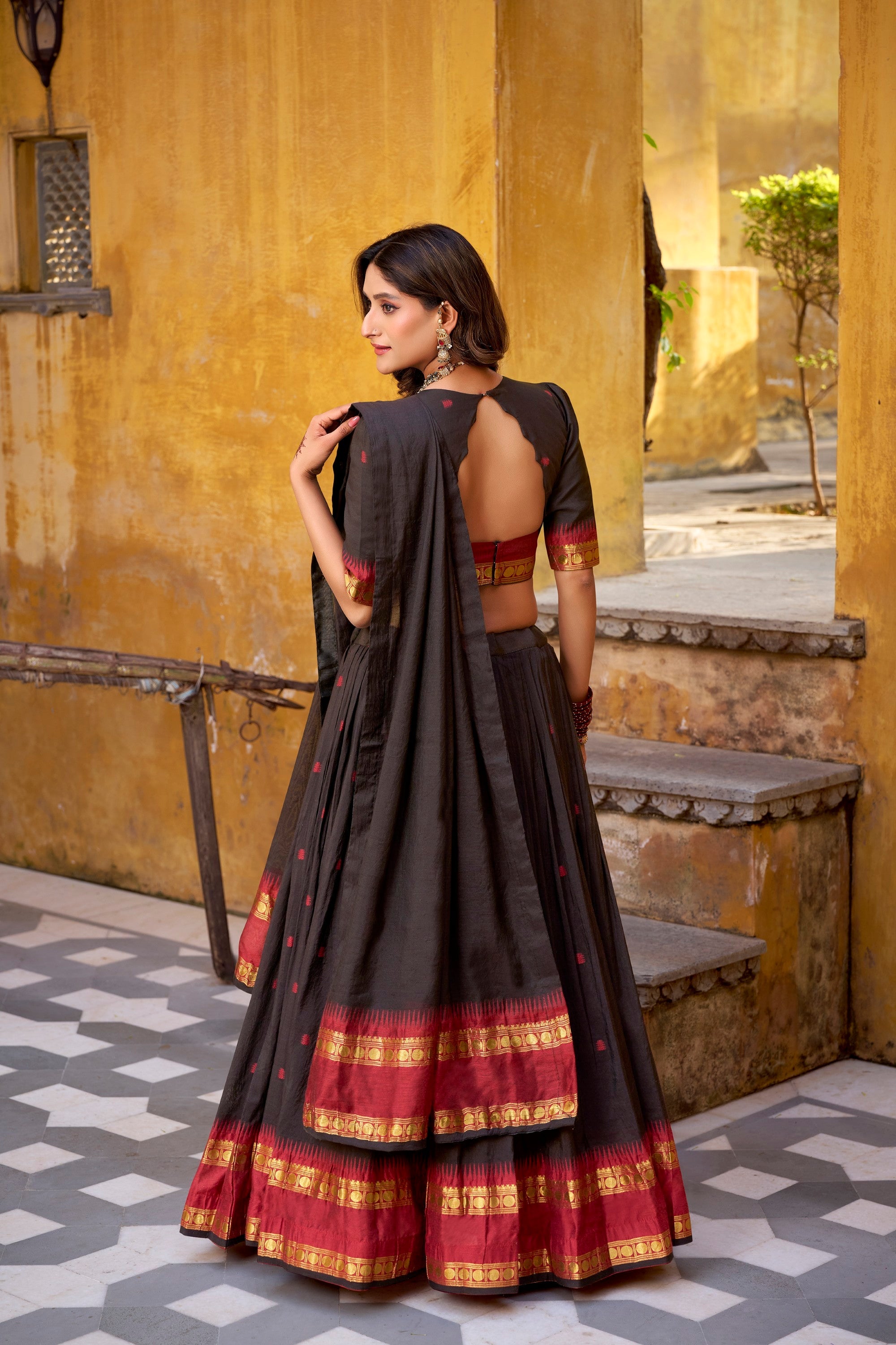 Lorenvalley Fashion Black Pure Chanderi Zari Weaving Work Lehenga Choli with Dupatta