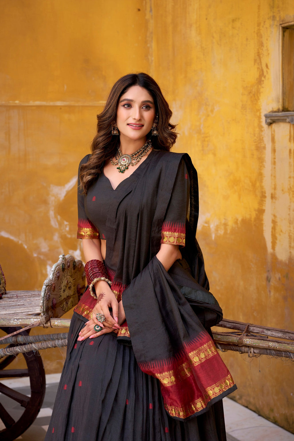 Lorenvalley Fashion Black Pure Chanderi Zari Weaving Work Lehenga Choli with Dupatta