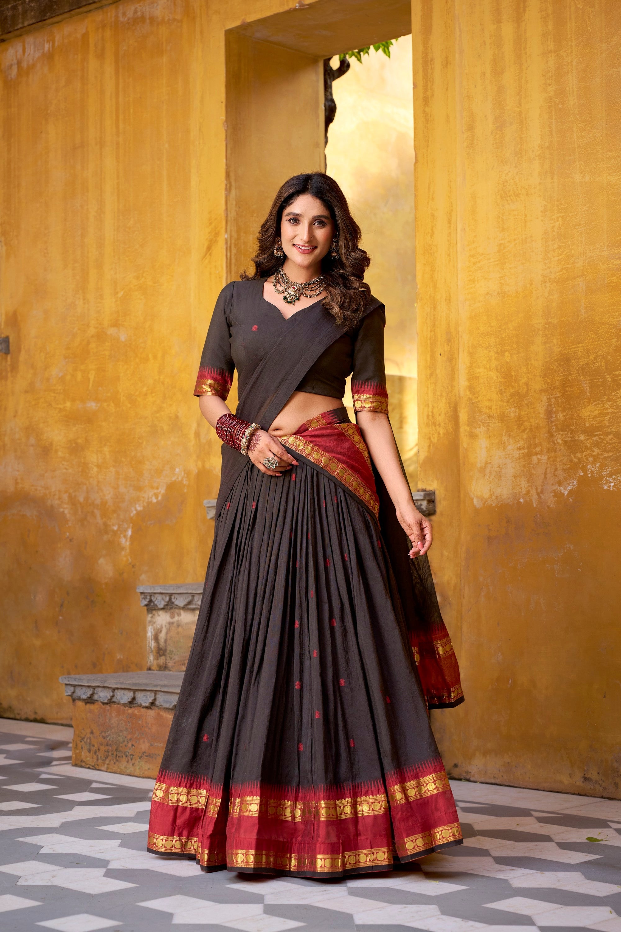 Lorenvalley Fashion Black Pure Chanderi Zari Weaving Work Lehenga Choli with Dupatta