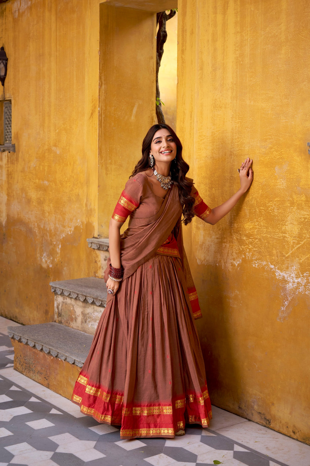 Lorenvalley Fashion Brown Pure Chanderi Zari Weaving Work Lehenga Choli with Dupatta