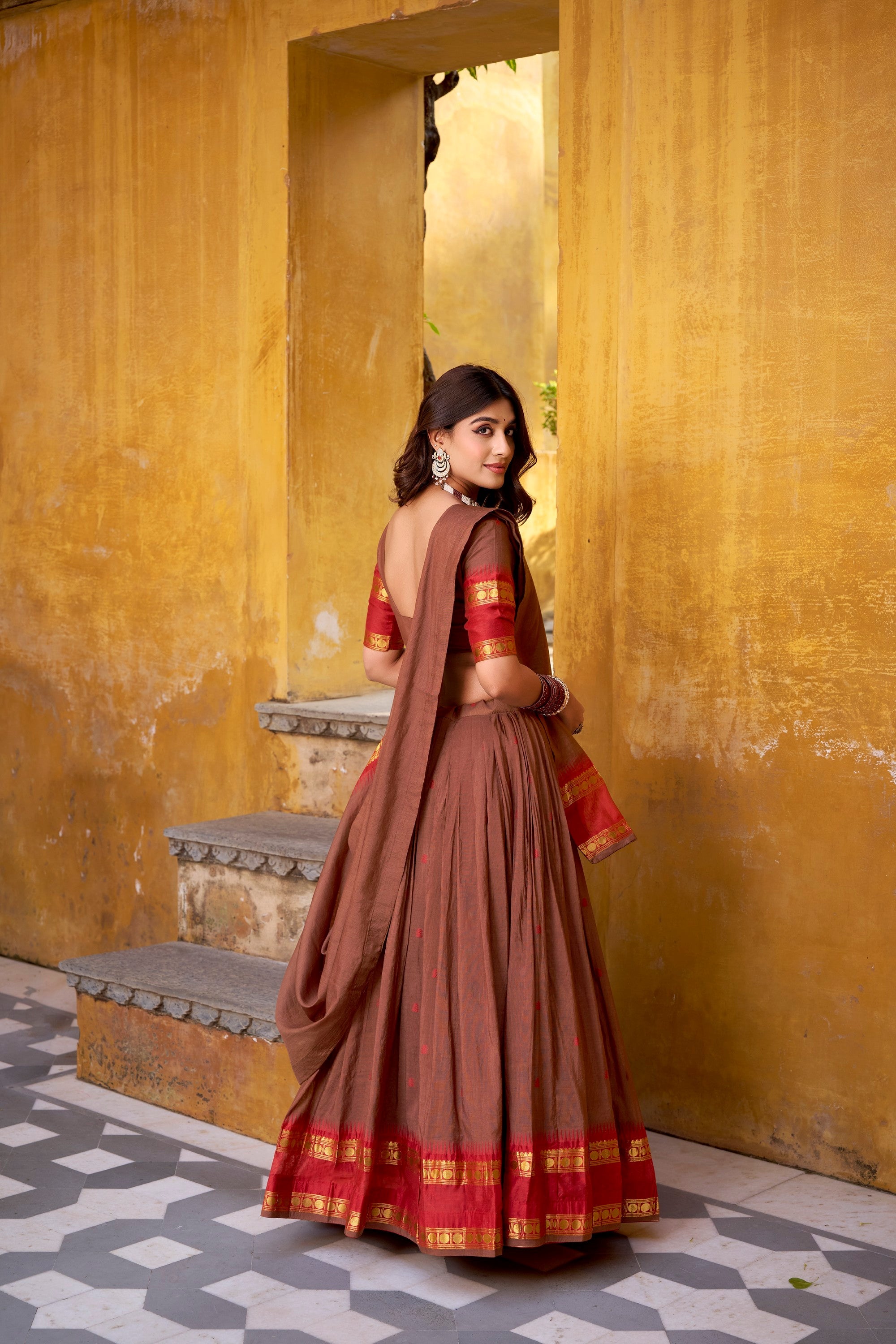Lorenvalley Fashion Brown Pure Chanderi Zari Weaving Work Lehenga Choli with Dupatta