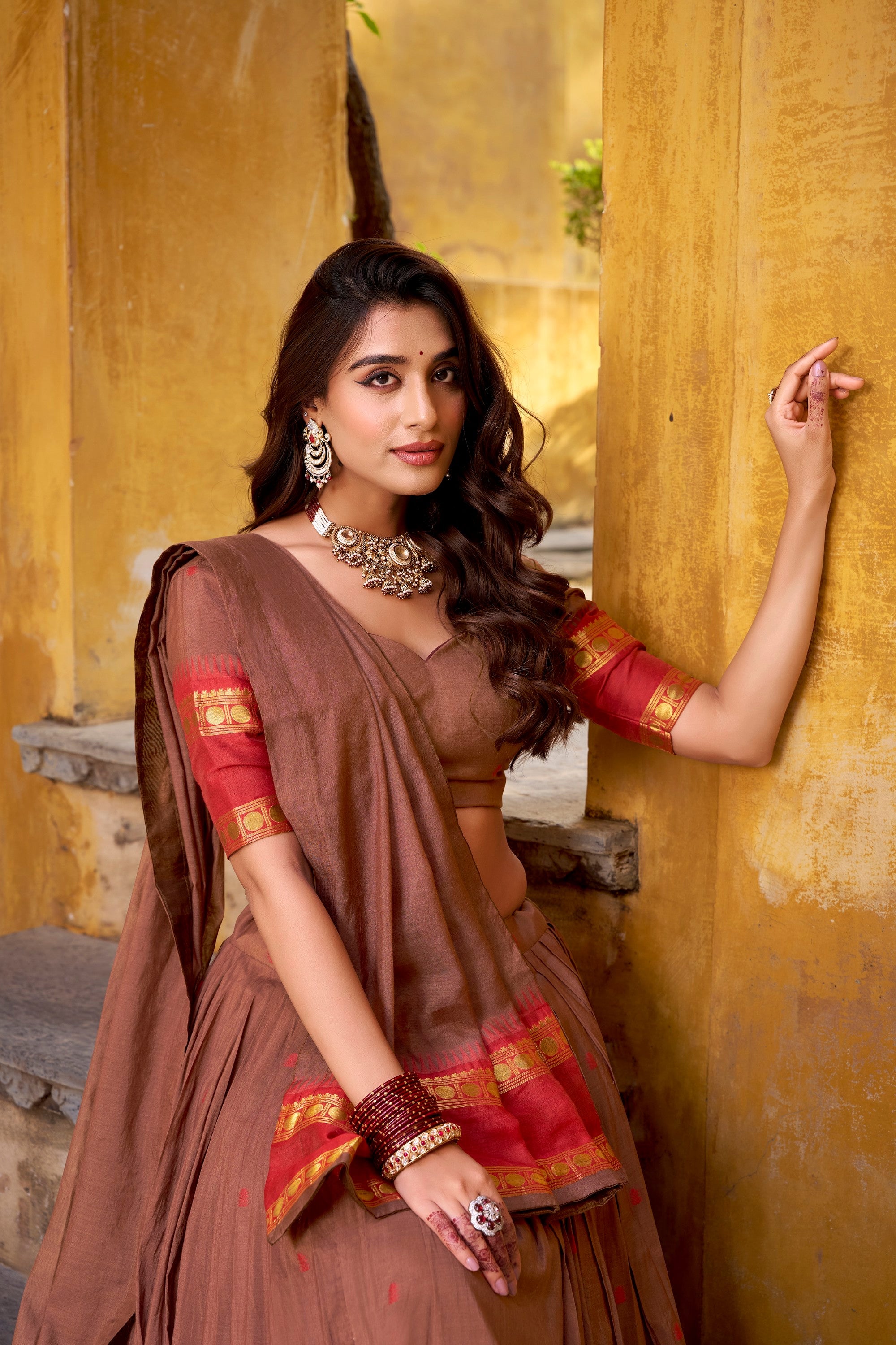 Lorenvalley Fashion Brown Pure Chanderi Zari Weaving Work Lehenga Choli with Dupatta