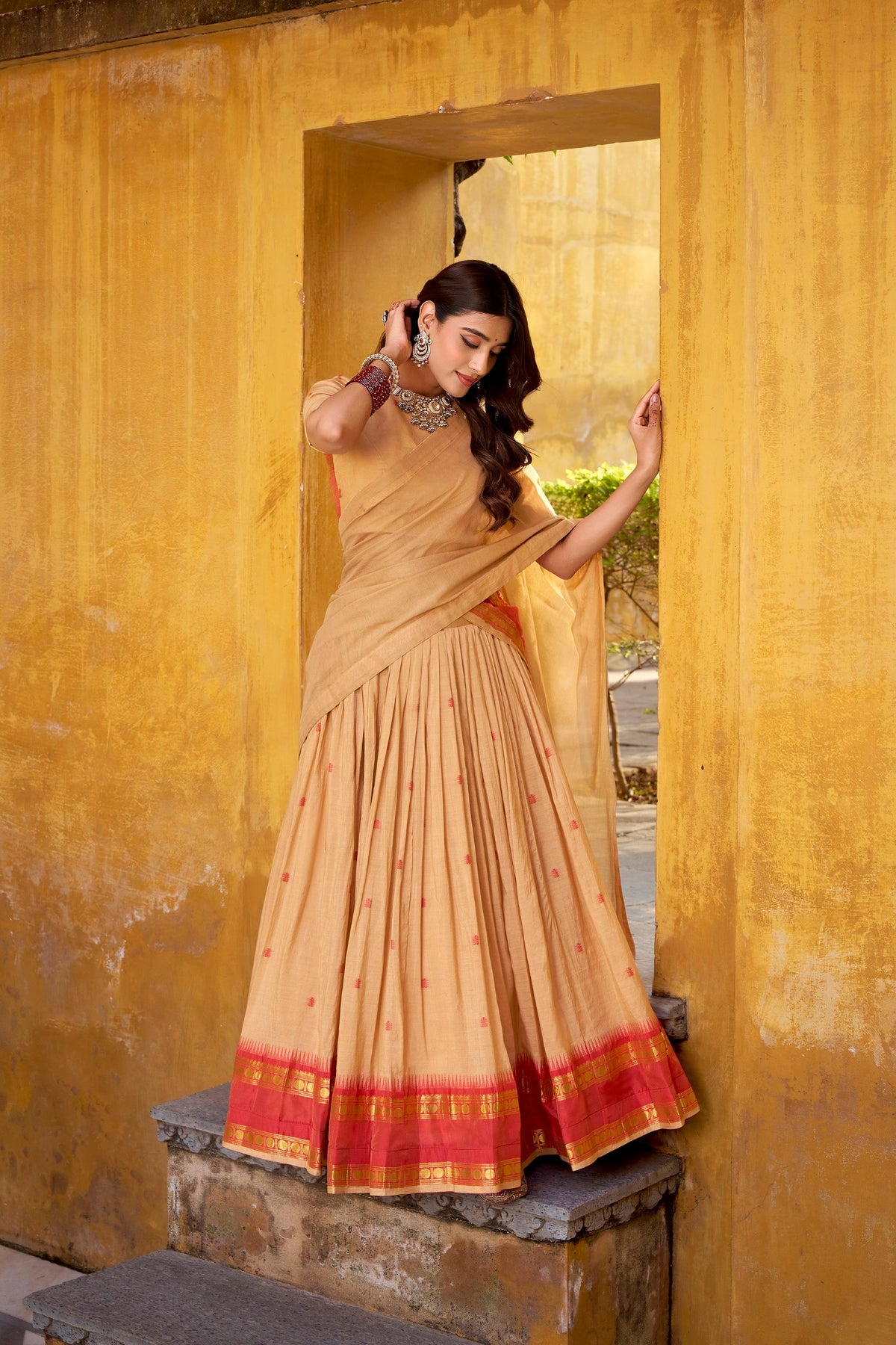 Cream Pure Chanderi Zari Weaving Work Lehenga Choli with Dupatta