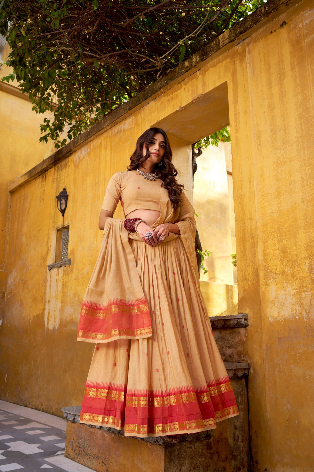 Cream Pure Chanderi Zari Weaving Work Lehenga Choli with Dupatta