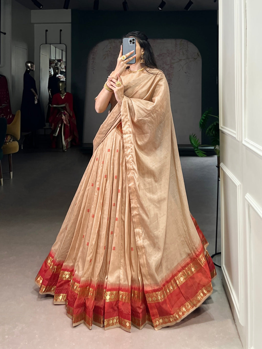 Lorenvalley Fashion Cream Pure Chanderi Zari Weaving Work Lehenga Choli with Dupatta