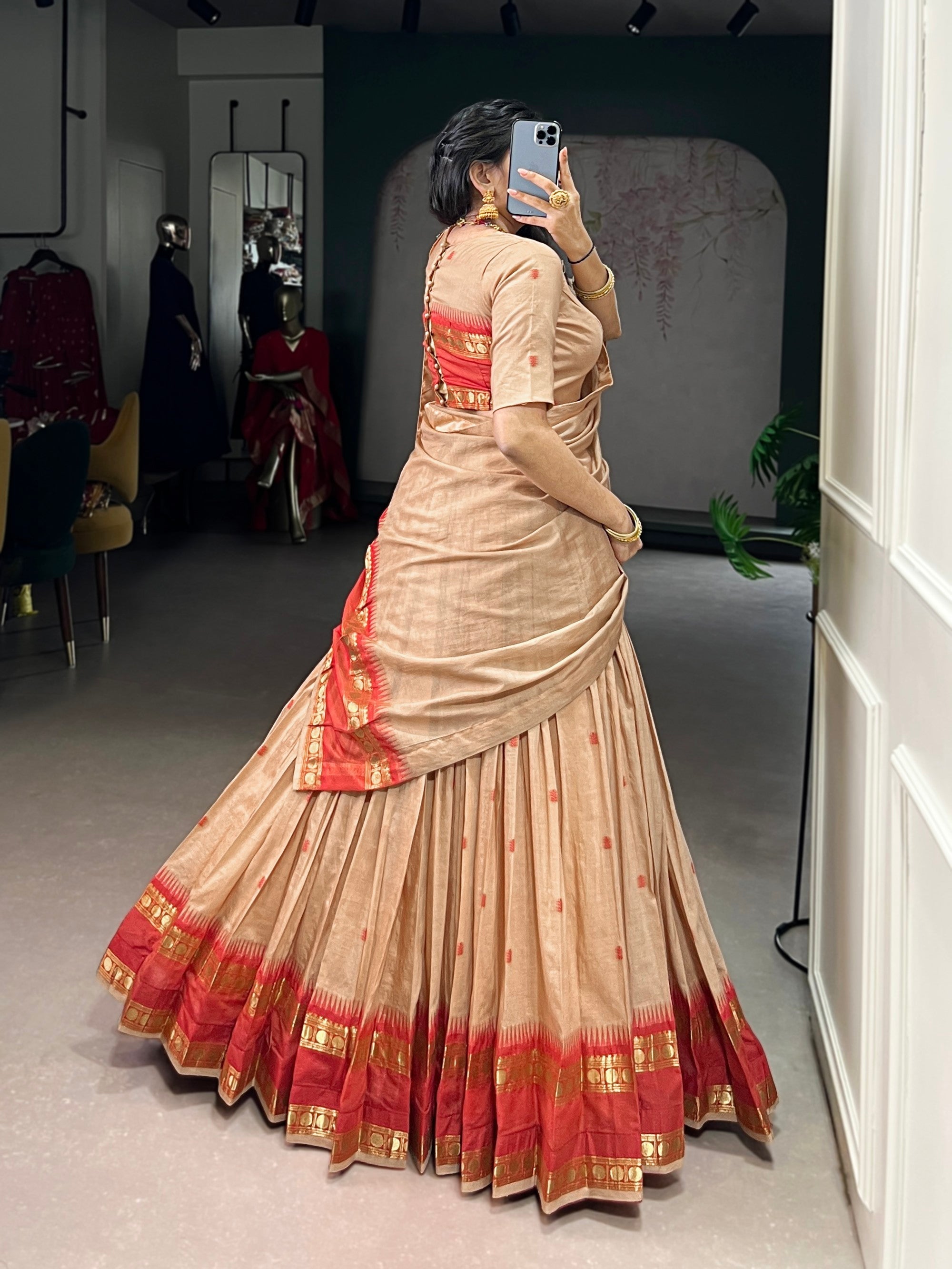Lorenvalley Fashion Cream Pure Chanderi Zari Weaving Work Lehenga Choli with Dupatta