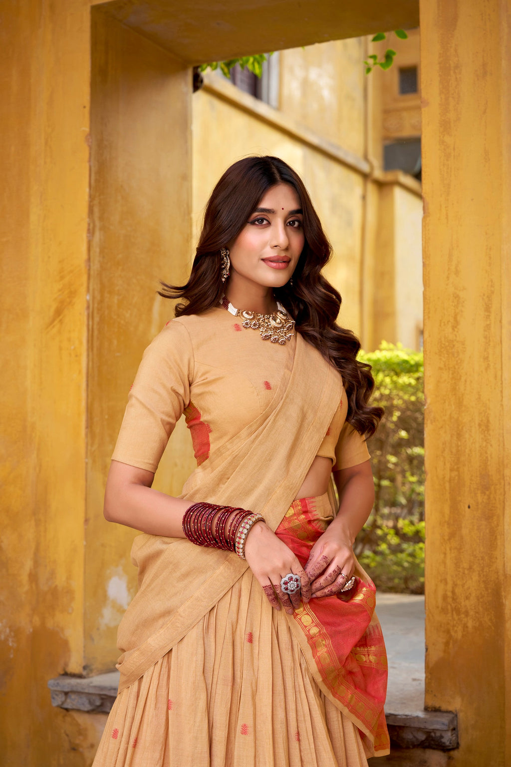 Cream Pure Chanderi Zari Weaving Work Lehenga Choli with Dupatta