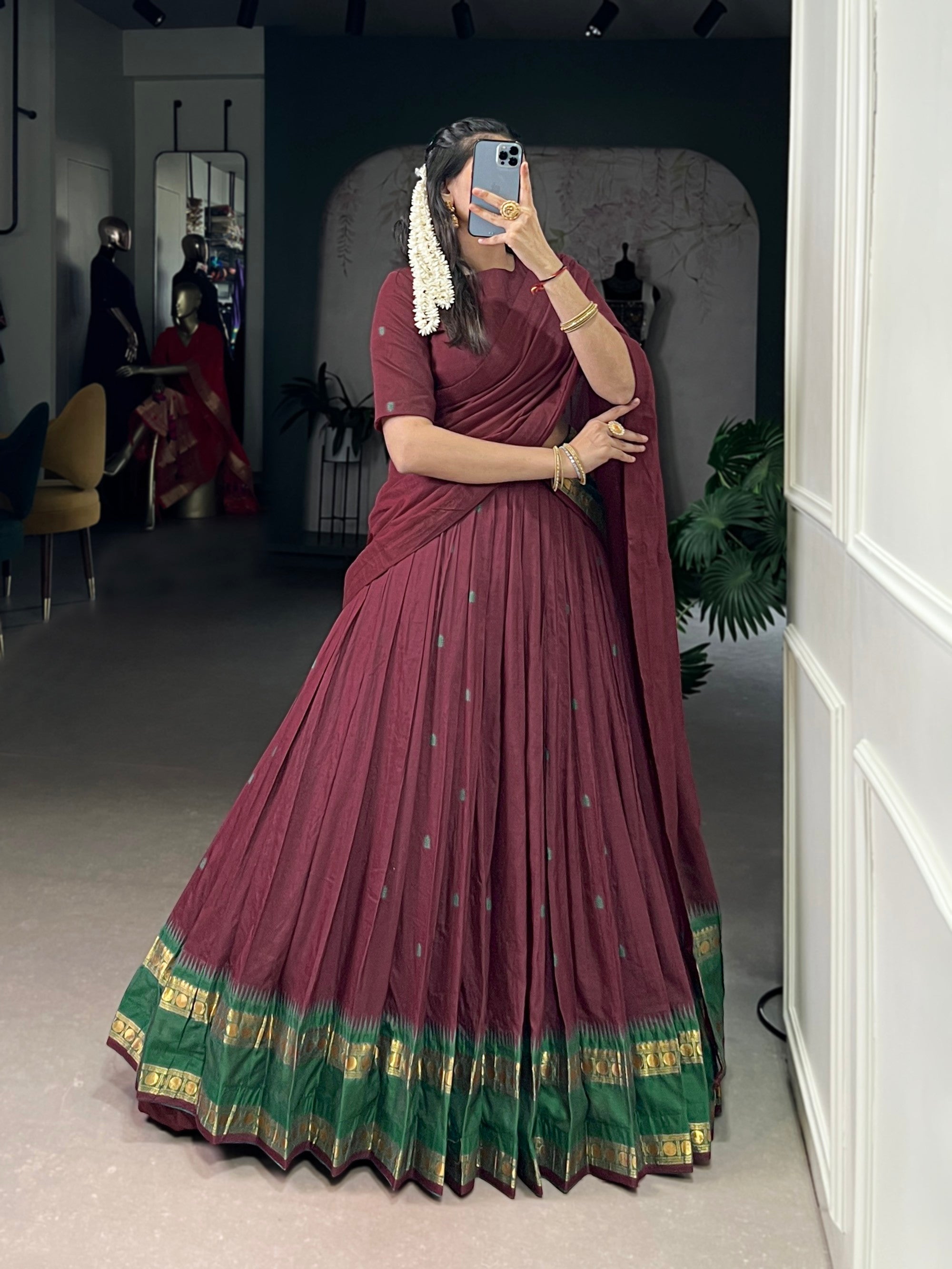 Lorenvalley Fashion Maroon Pure Chanderi Zari Weaving Work Lehenga Choli with Dupatta