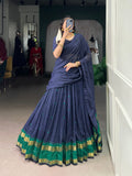 Navy Blue Pure Chanderi Lehenga Choli with intricate gold Zari weaving work