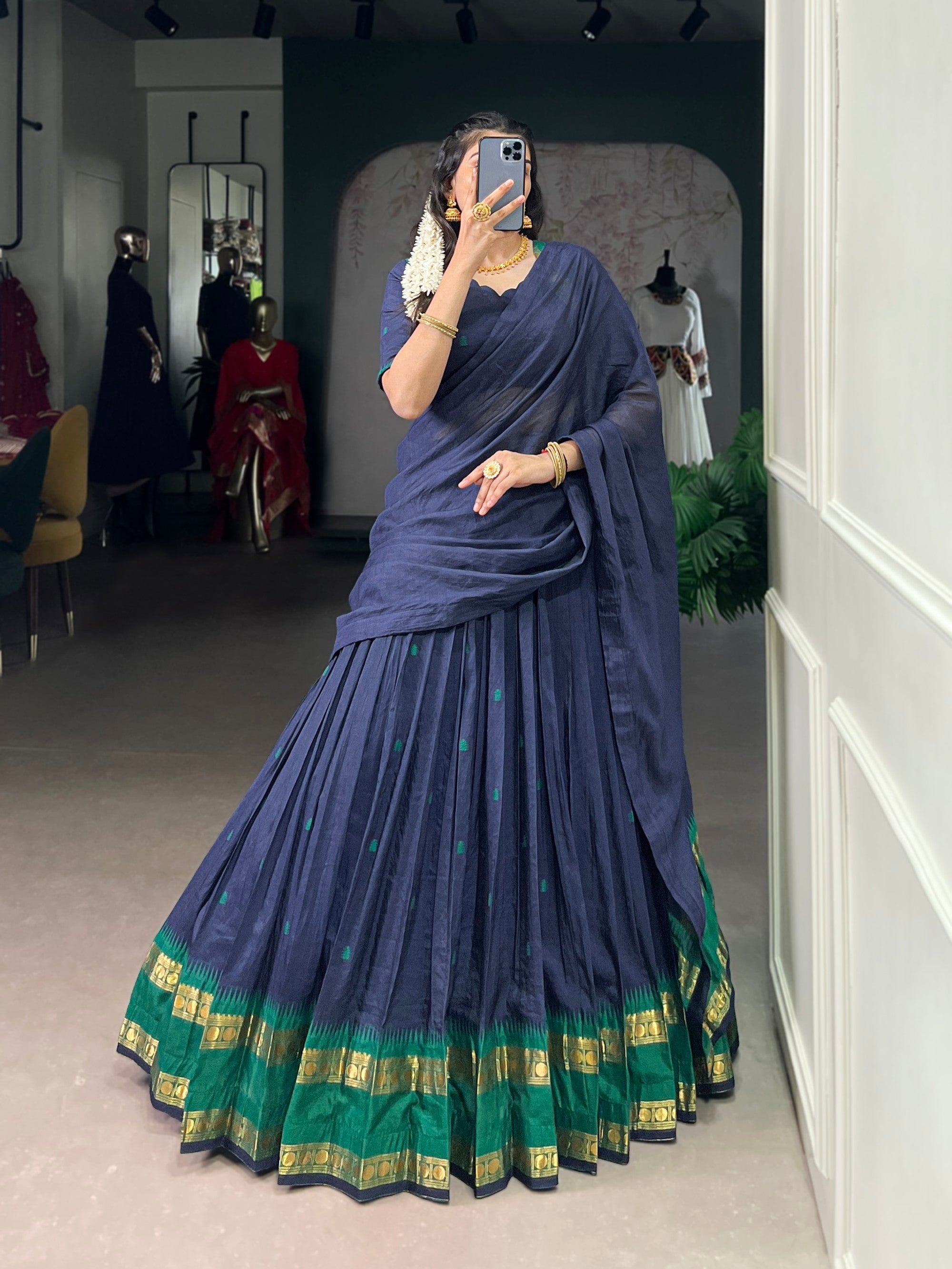 Navy Blue Pure Chanderi Lehenga Choli with intricate gold Zari weaving work