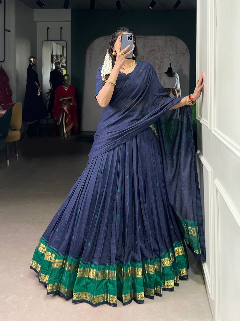 Navy Blue Pure Chanderi Lehenga Choli with Zari Weaving Work