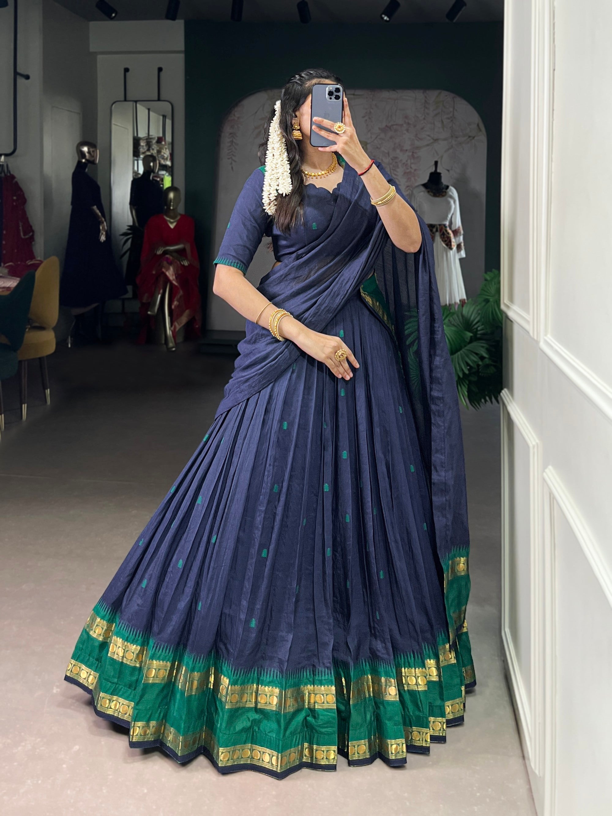 Navy Blue Pure Chanderi Lehenga Choli with Zari Weaving Work