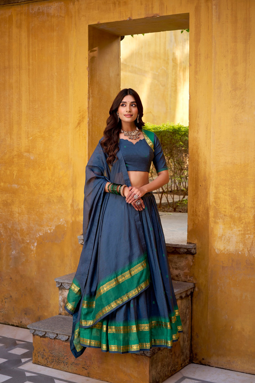 Navy Blue Pure Chanderi Zari Weaving Lehenga Choli Set