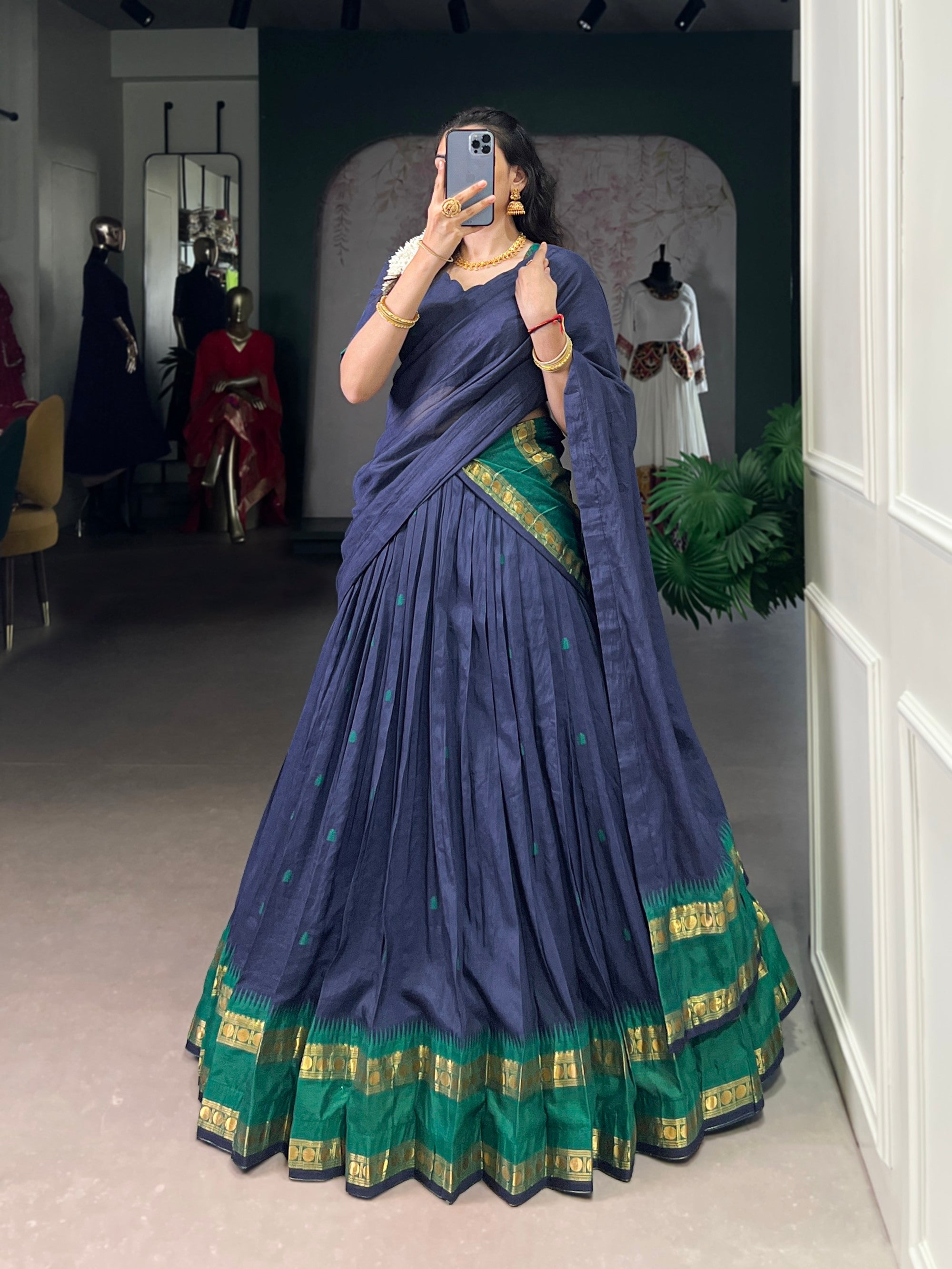 Navy Blue Pure Chanderi Lehenga Choli with Zari Weaving Work