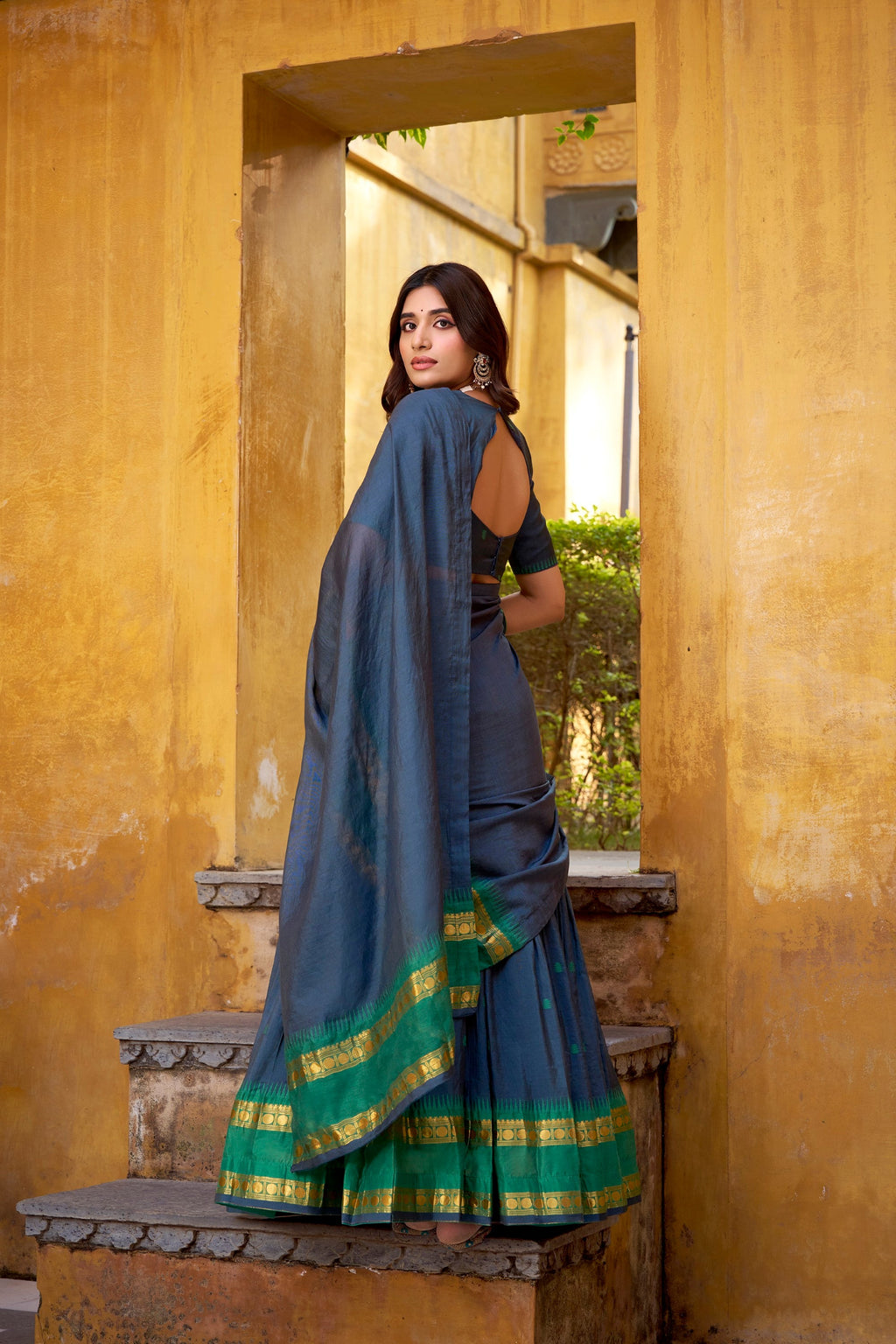Navy Blue Pure Chanderi Zari Weaving Lehenga Choli Set
