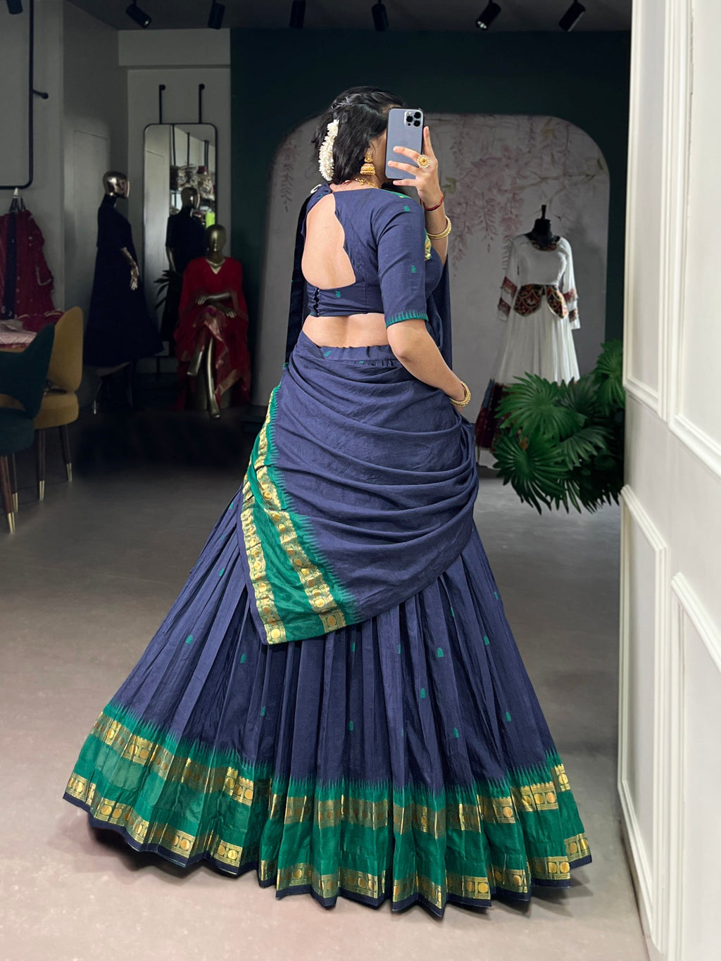 Navy Blue Pure Chanderi Lehenga Choli with Zari Weaving Work