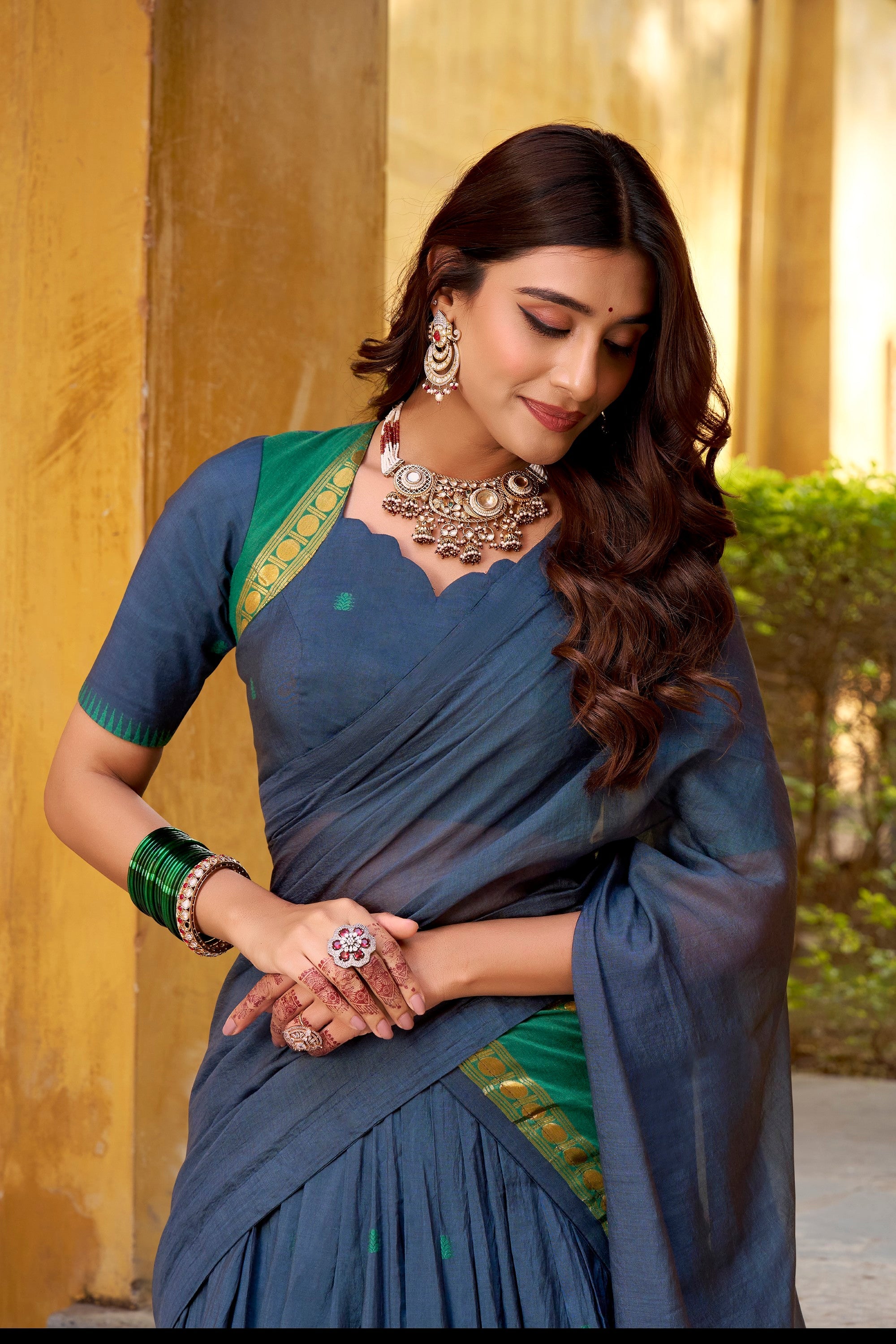 Navy Blue Pure Chanderi Zari Weaving Lehenga Choli Set