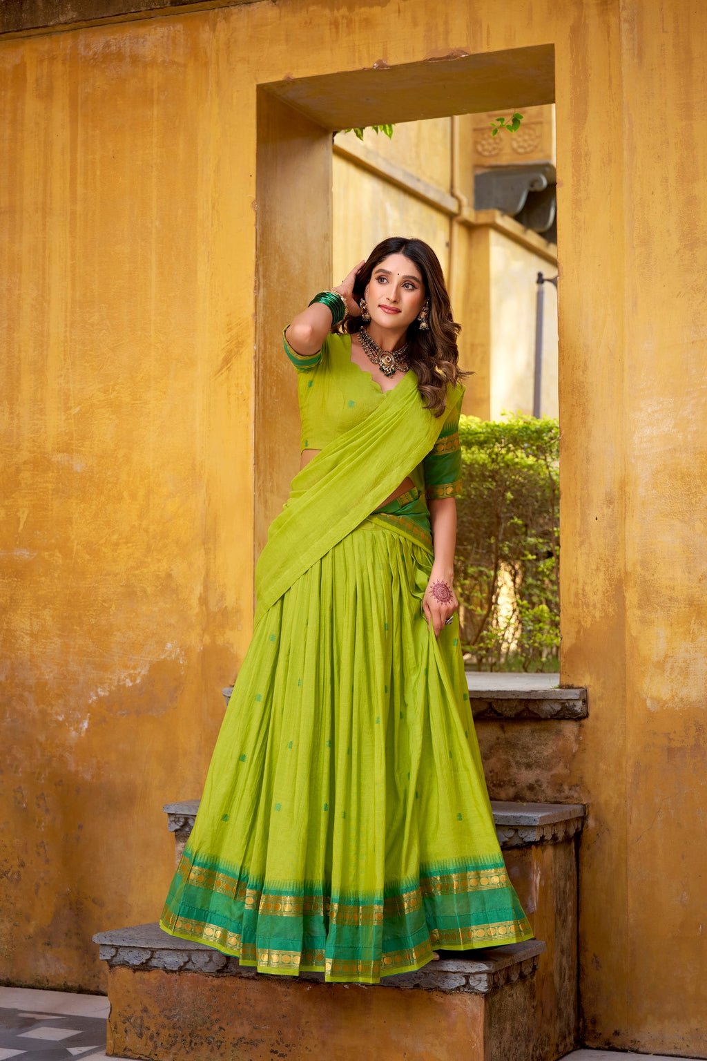 Parrot Green Pure Chanderi Zari Weaving Lehenga Choli with Dupatta